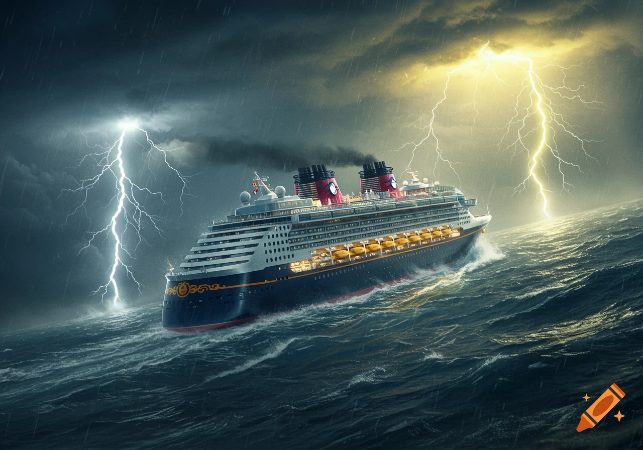 A large cruise ship battles a storm with large waves and lightning strikes.