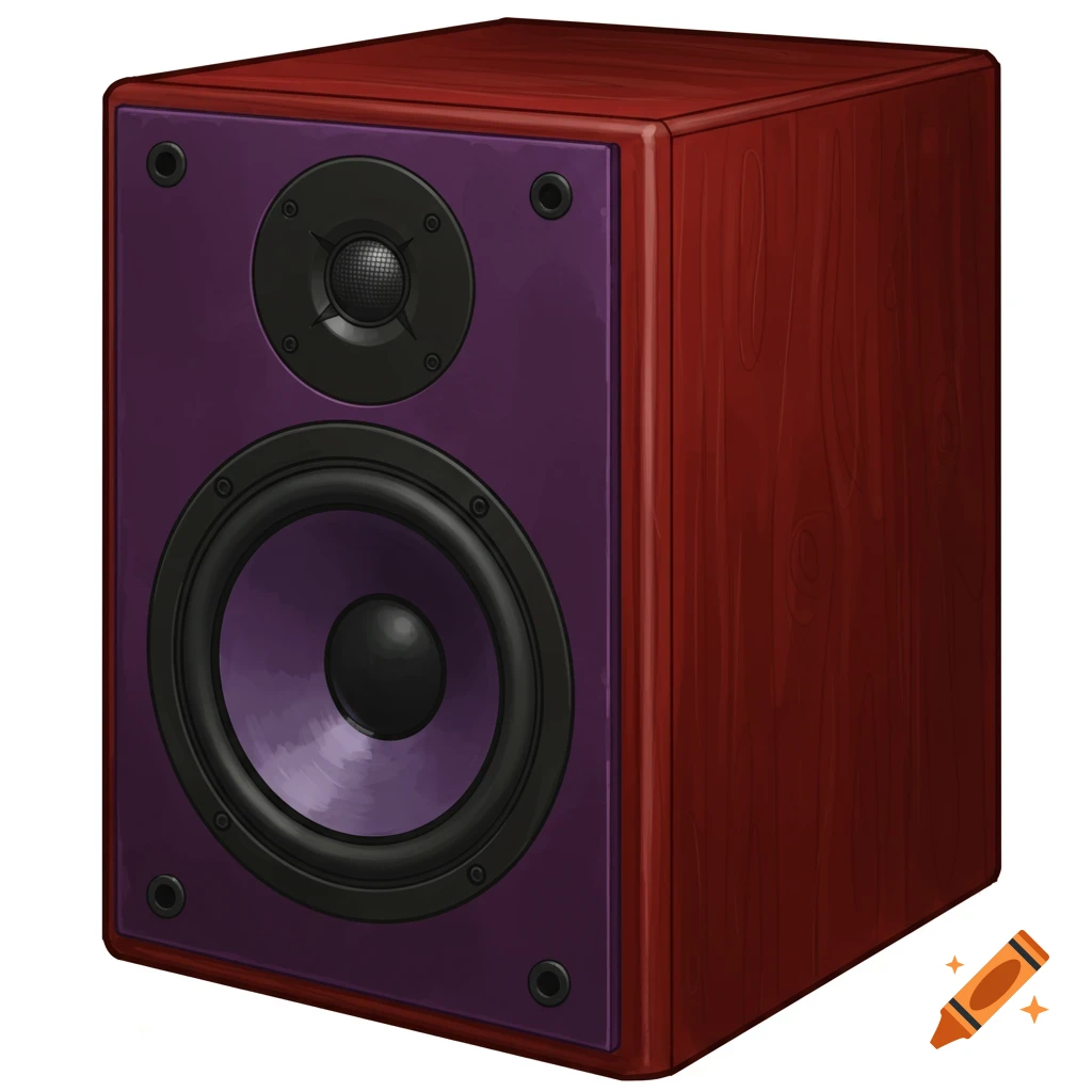 A bookshelf speaker with a purple front baffle and cherry red wood grain sides.