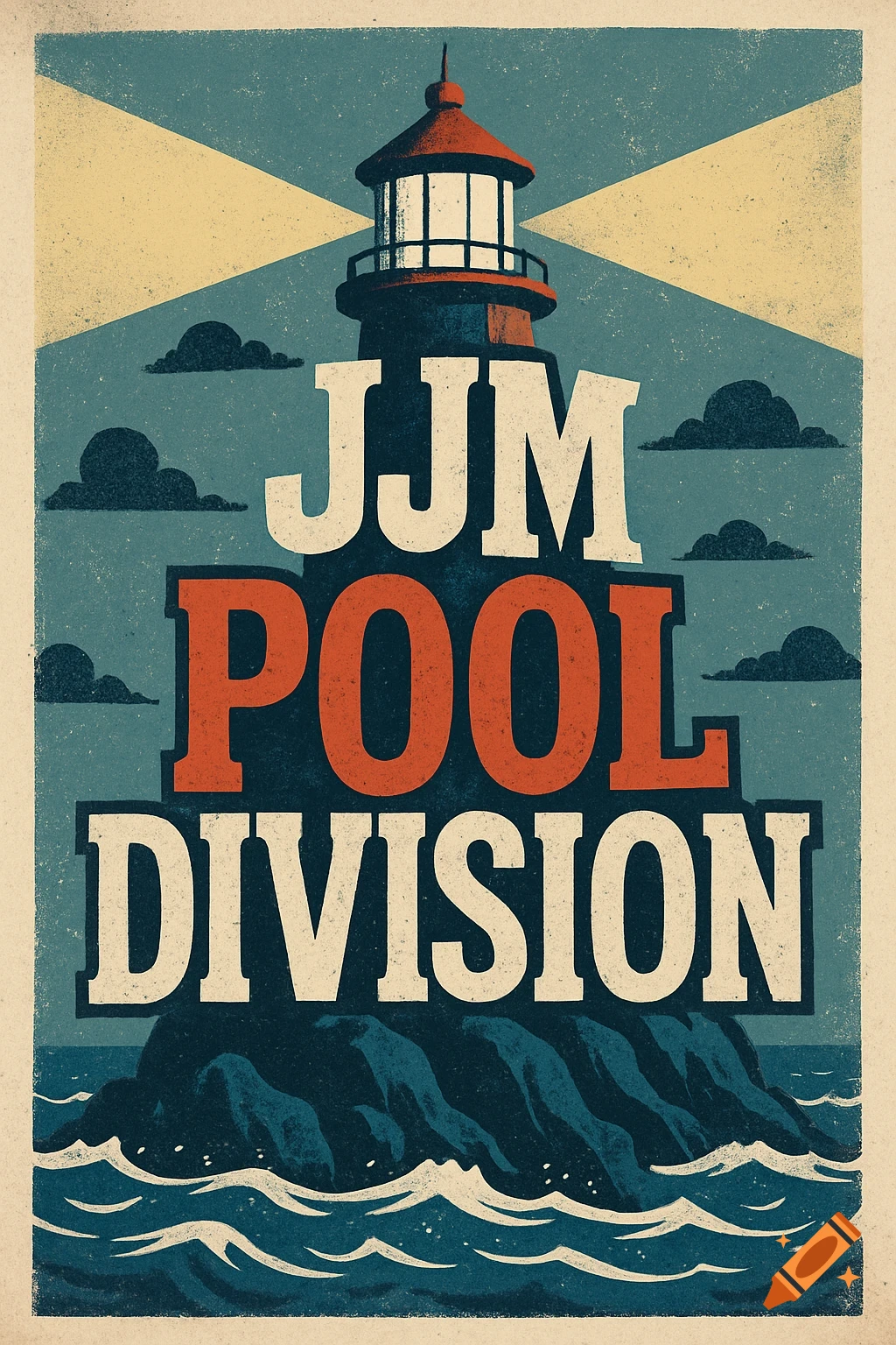 Graphic poster of a lighthouse made from the words JJM POOL DIVISION on a rocky island in the sea.