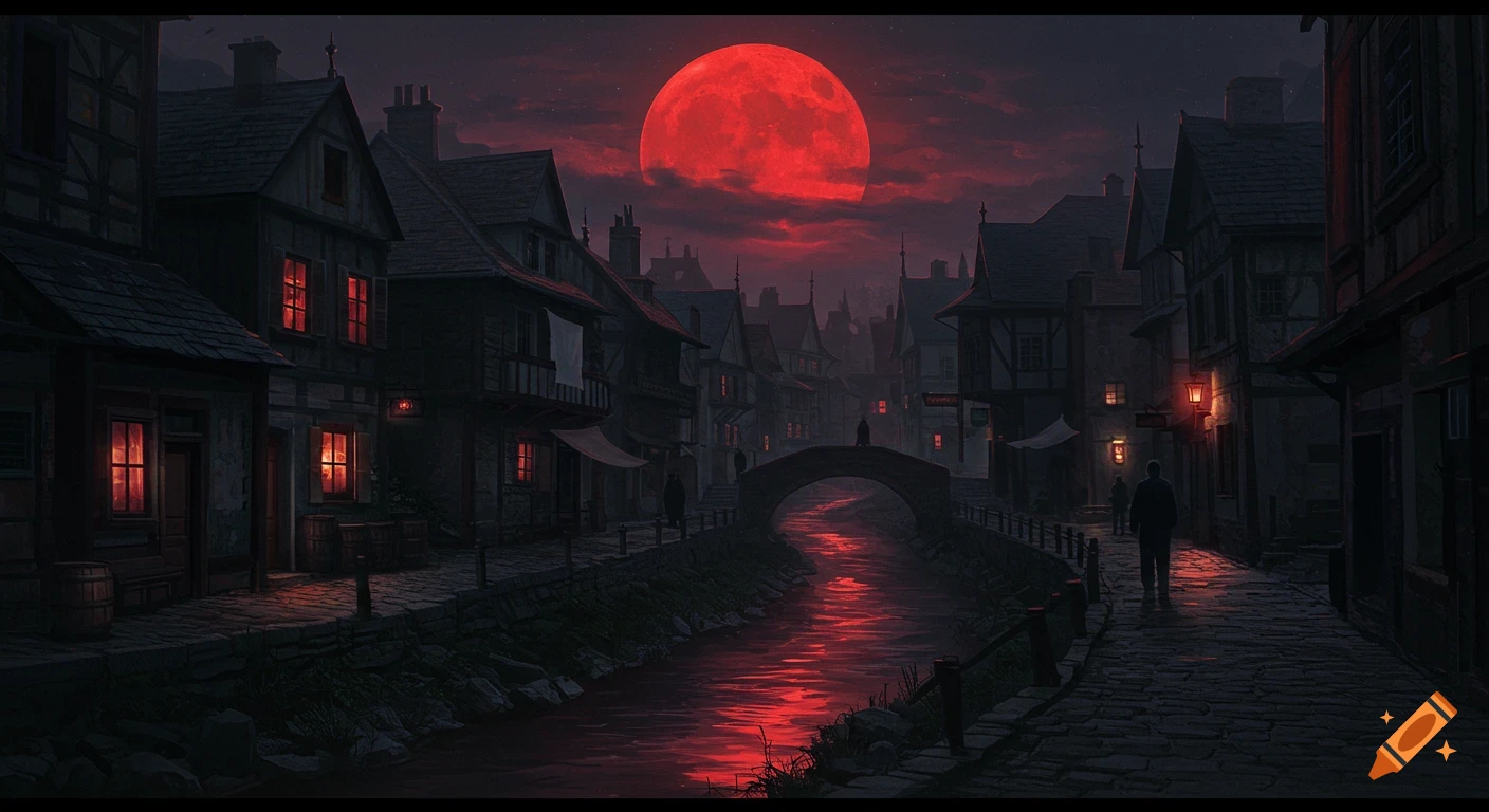 Dark village street alongside a river under a large red moon, people walking, digital painting.