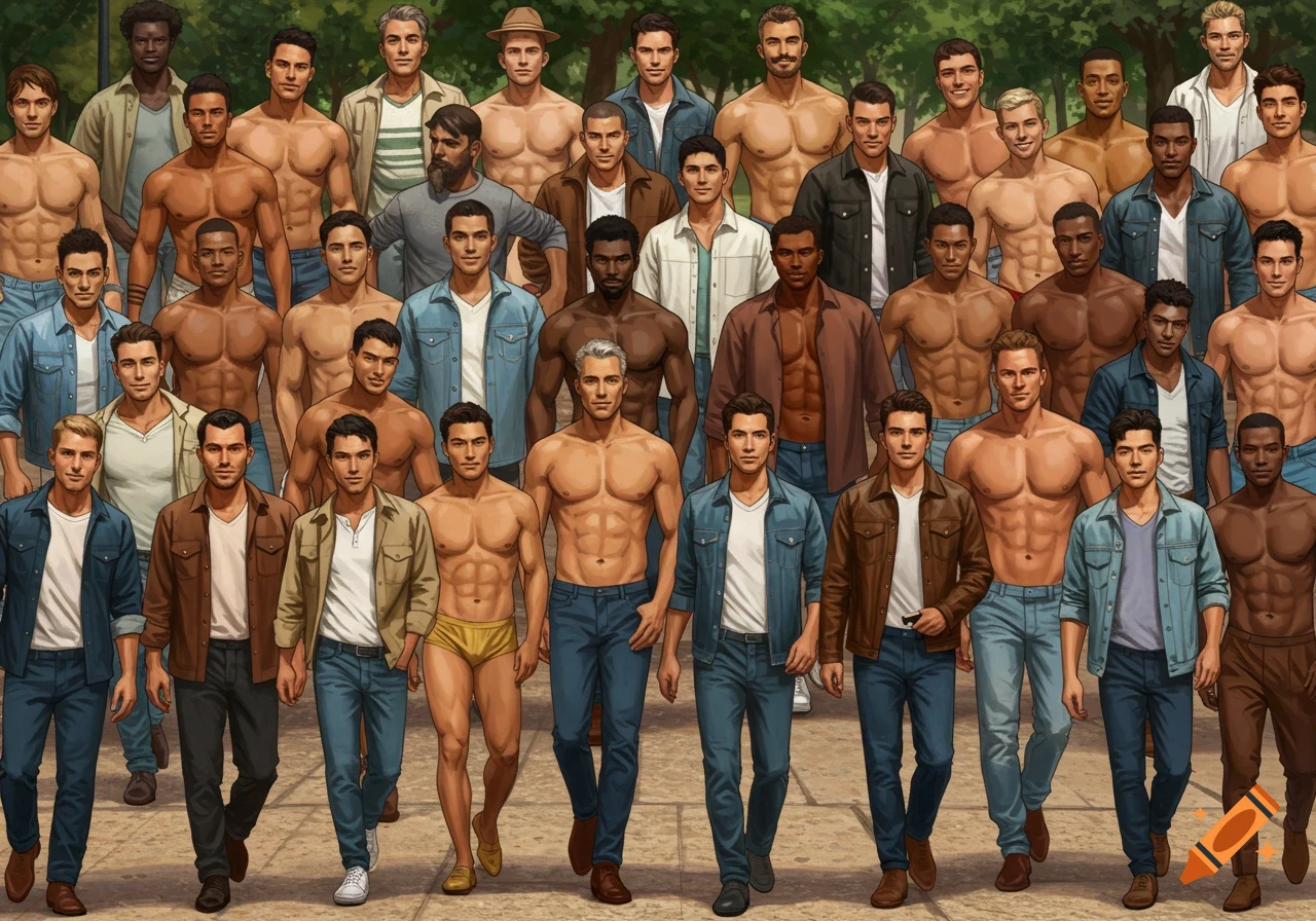A large group of diverse men, some shirtless, some in jackets and jeans, standing together outdoors.
