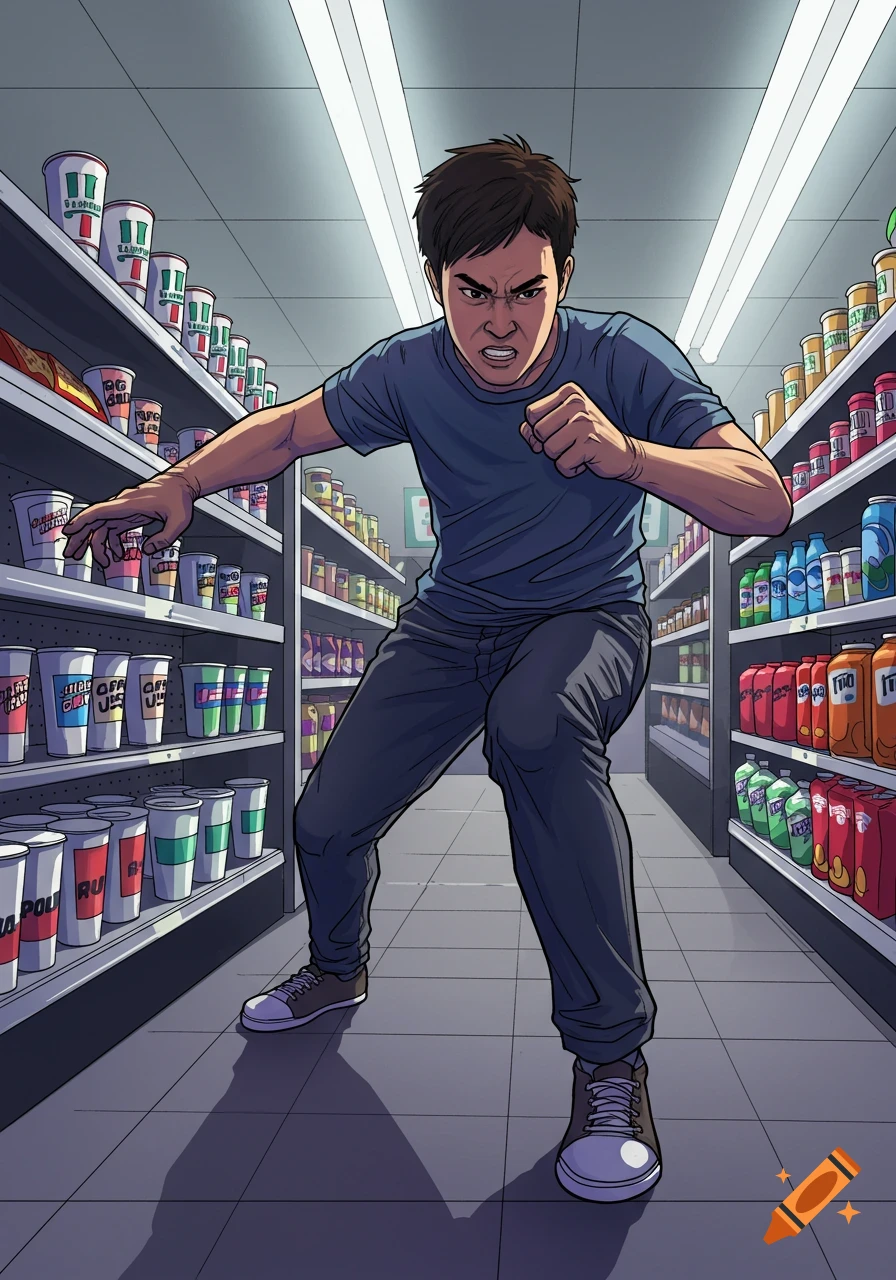 Comic illustration of a man in a store aisle looking determined