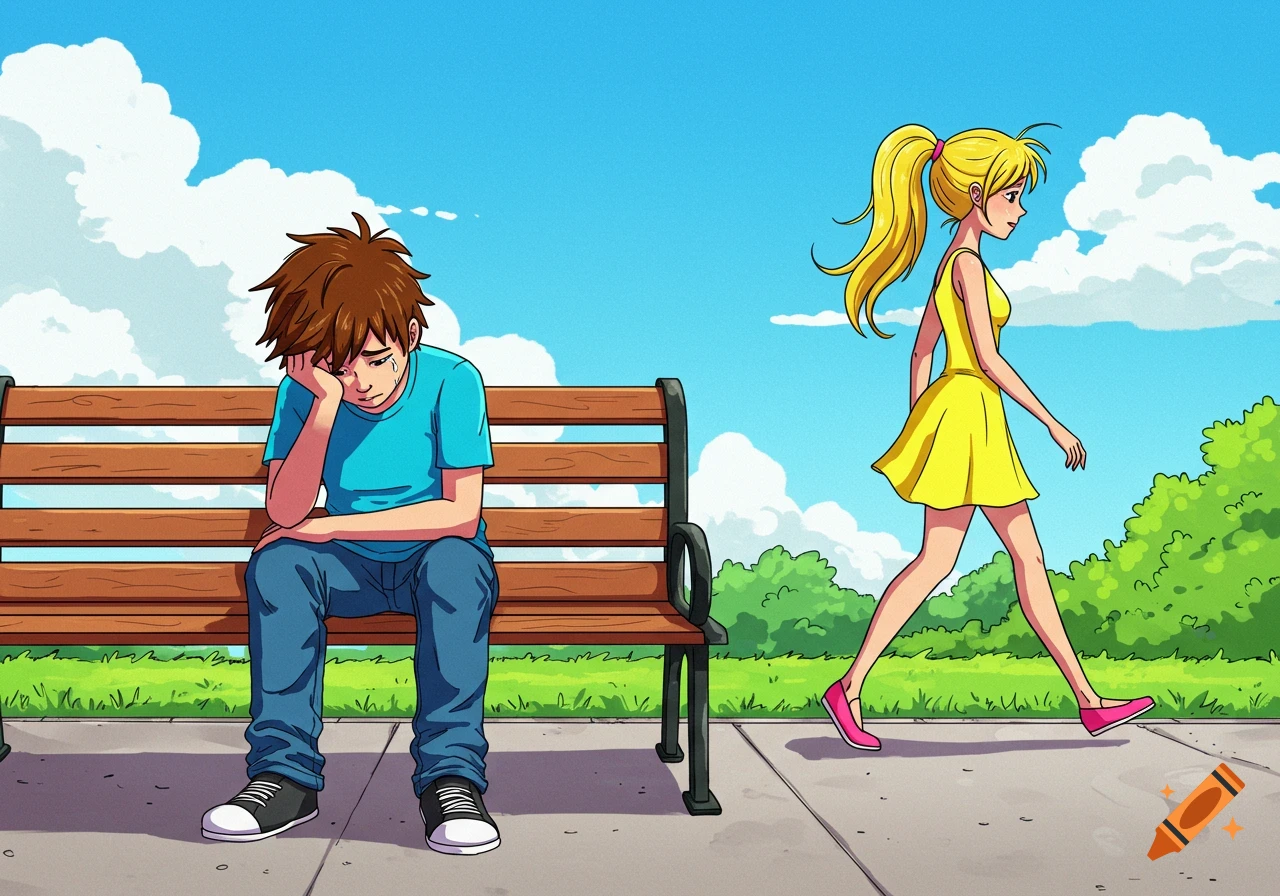 Anime style illustration of a boy sitting sadly on a park bench as a girl walks away from him.