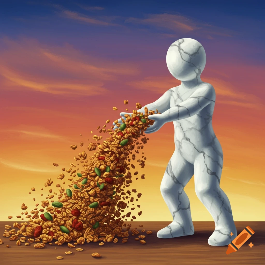 Marble figure pours granola onto a table under a sunset sky, painted illustration.