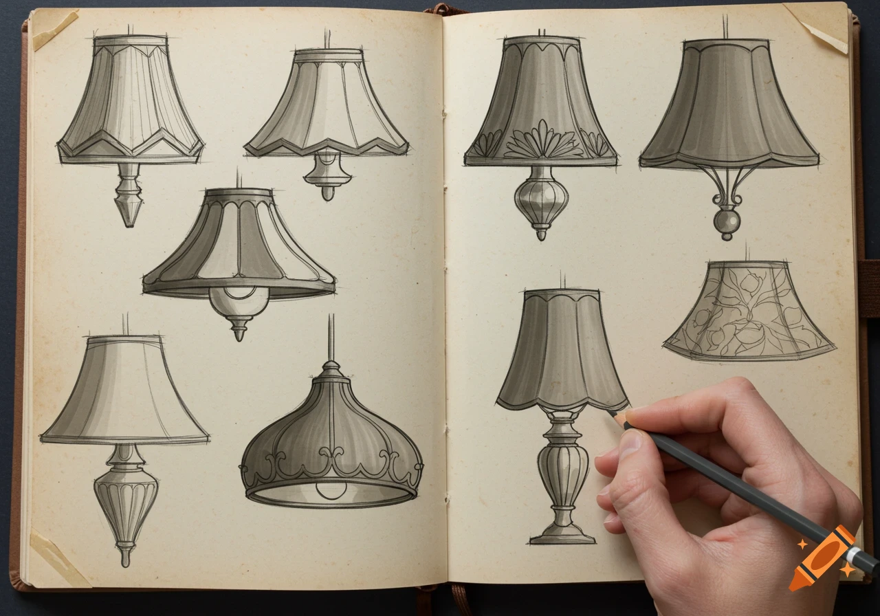 Hand sketching various designs for lamp shades in a sketchbook.