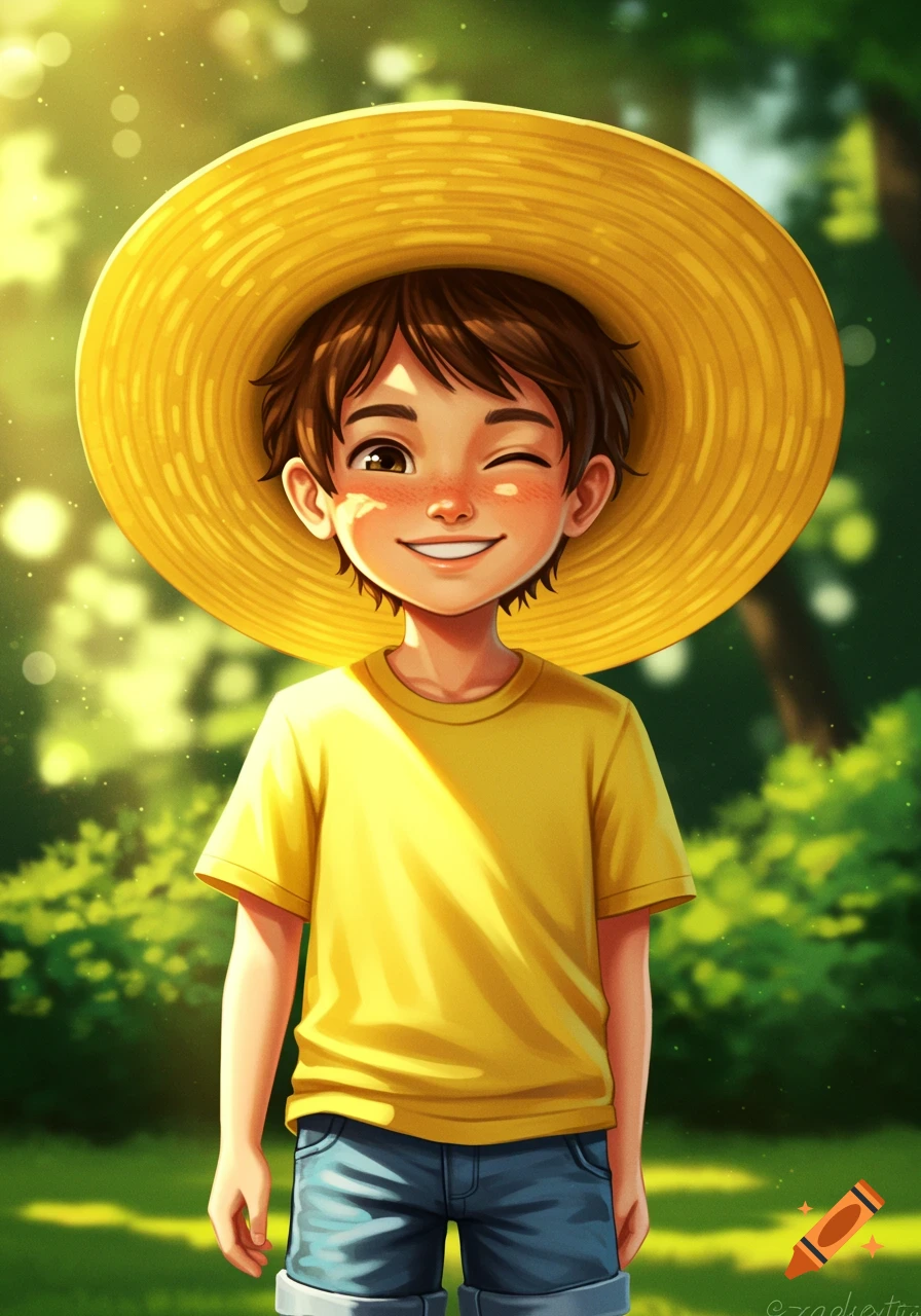 Cartoon illustration of a happy boy in a wide-brimmed yellow straw hat, winking and smiling under sunlight.