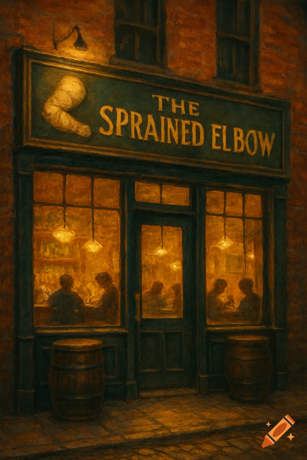 A painting of a bar storefront called The Sprained Elbow at night.
