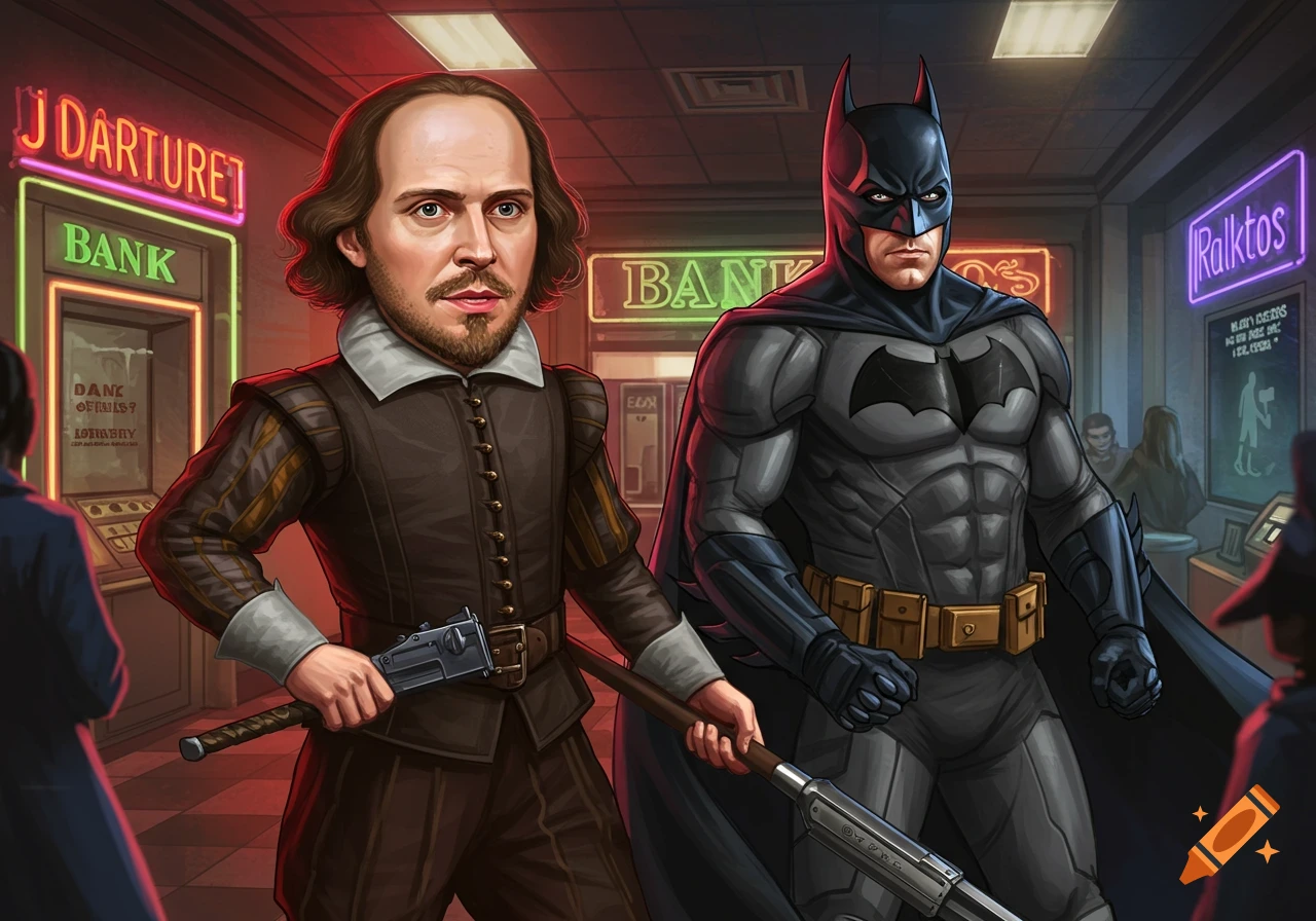 Illustration of William Shakespeare and Batman in a bank, Shakespeare holds a strange weapon.