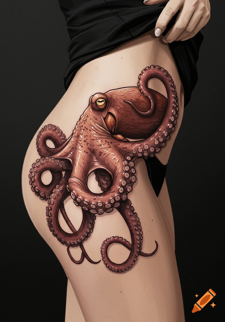 Detailed octopus tattoo on a person's hip.
