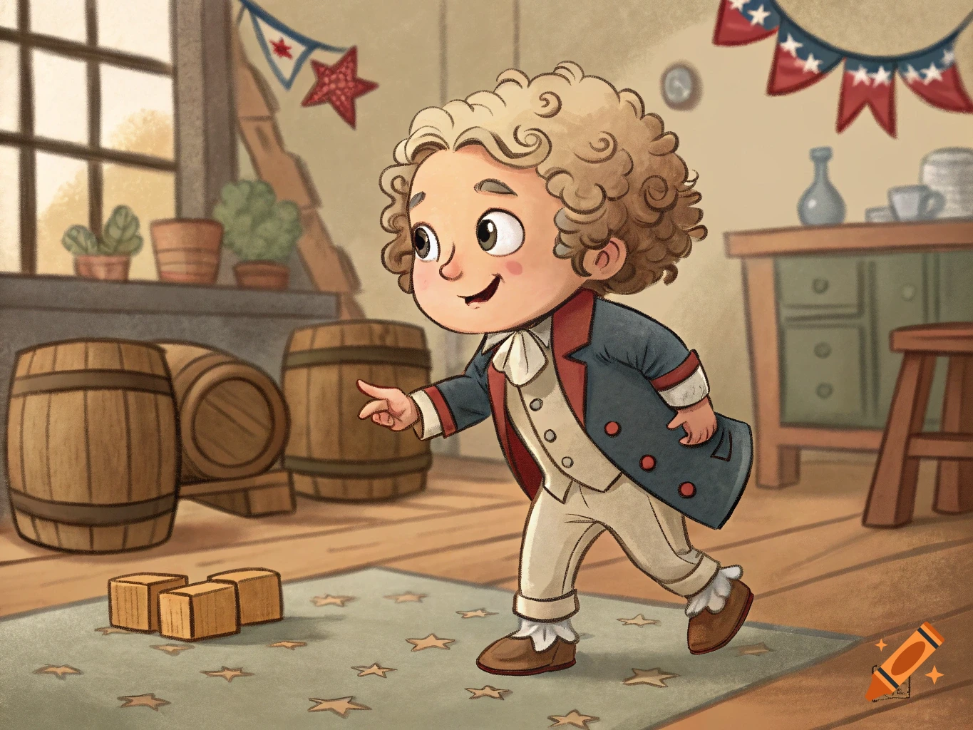 Cartoon toddler George Washington playing with blocks in a room with patriotic decorations.