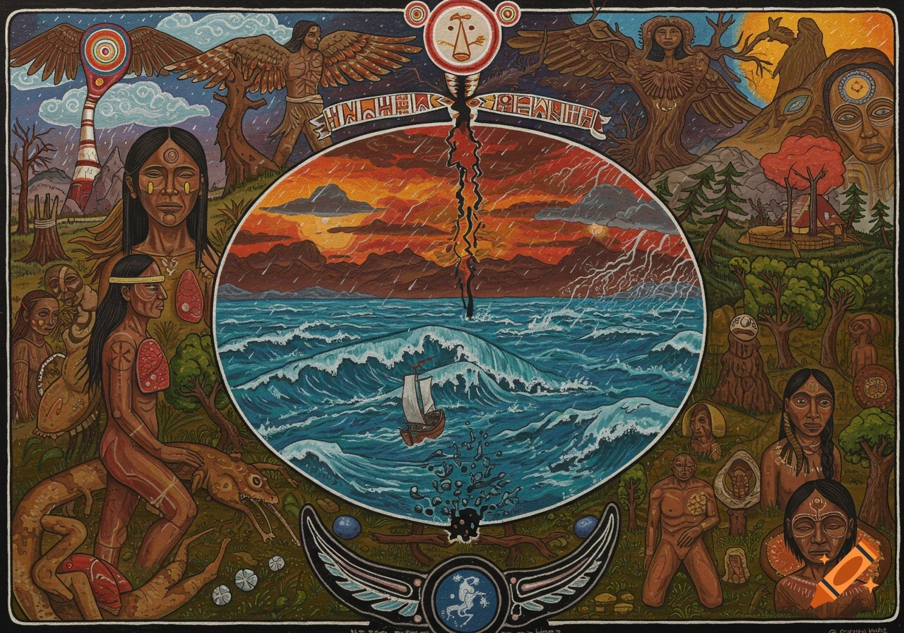 Indigenous style painting depicting figures, nature, and a storm at sea, split by a crack.
