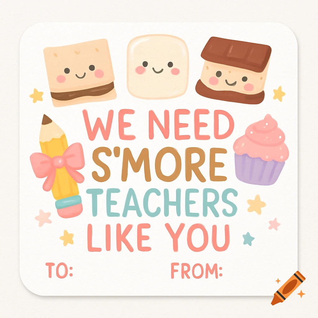 Cute illustration of s'mores characters, a pencil, and a cupcake with the text "We need s'more teachers like you" and "To:", "From:".