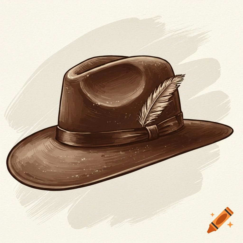 A brown fedora hat with a feather, in a watercolor sketch style.