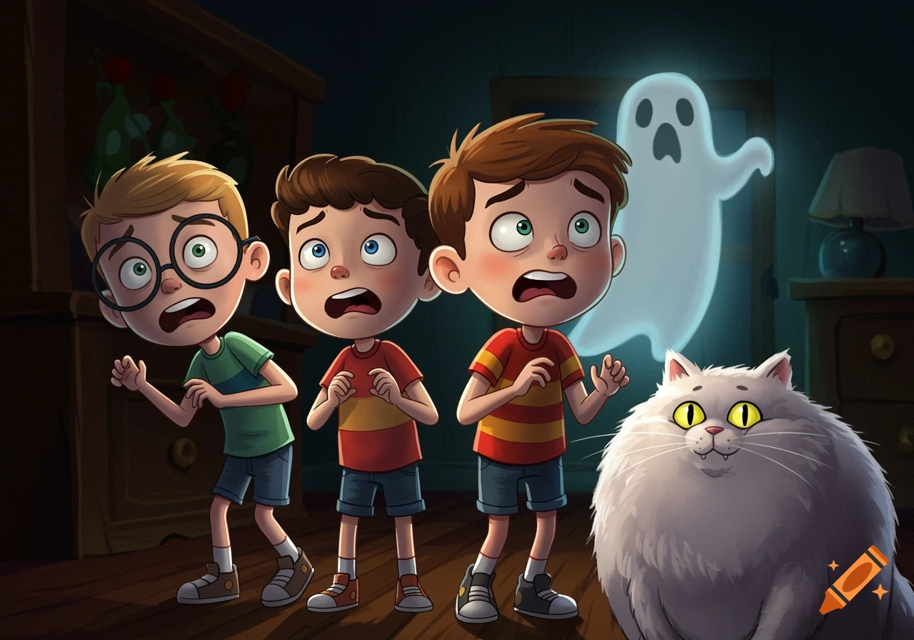 Cartoon illustration of three scared boys and a cat reacting to a ghost in a dark room.