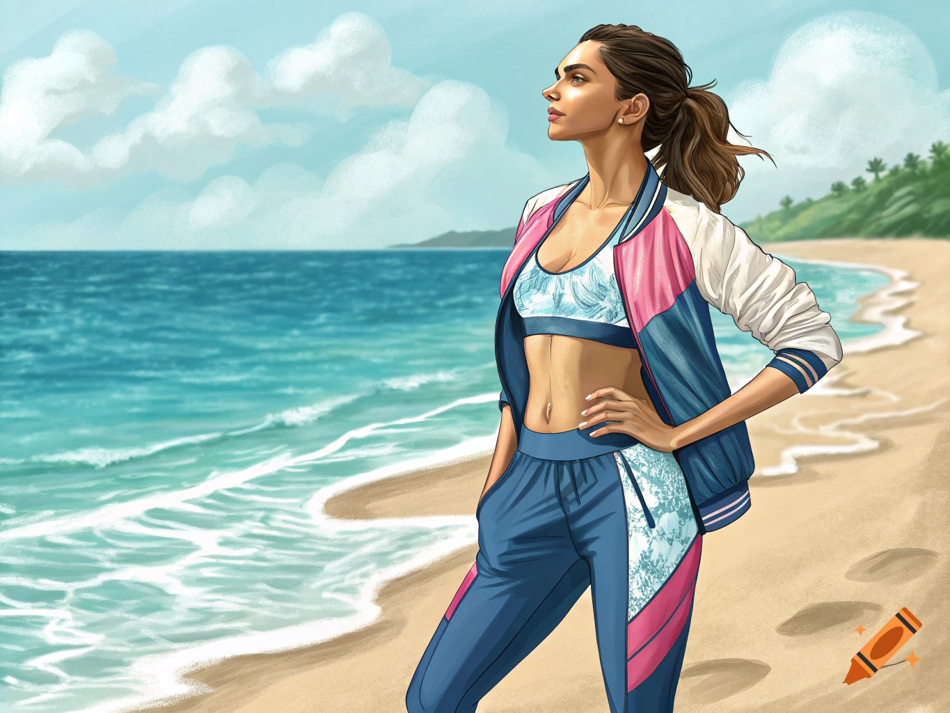 Digital painting of a woman in sportswear standing on a beach looking out at the ocean.
