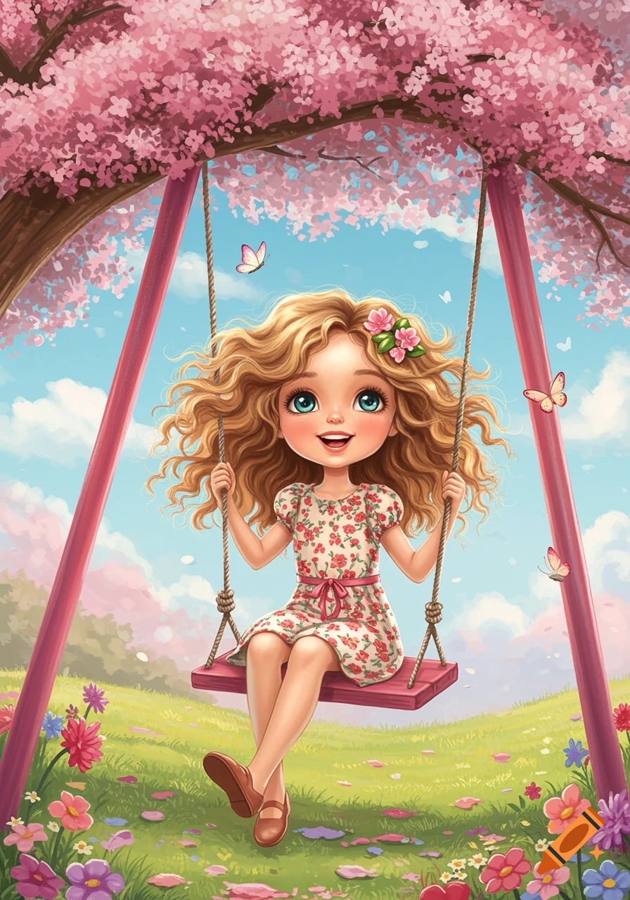 Cartoon girl on a swing under pink cherry blossoms with butterflies and flowers in a field.