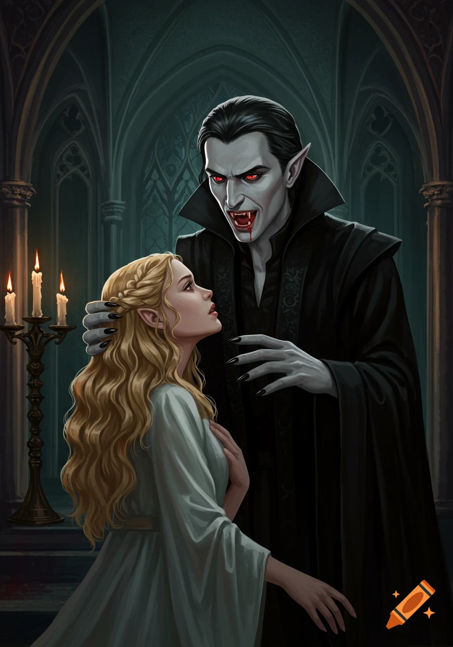 A vampire with red eyes and fangs leans over a woman in a gothic setting.