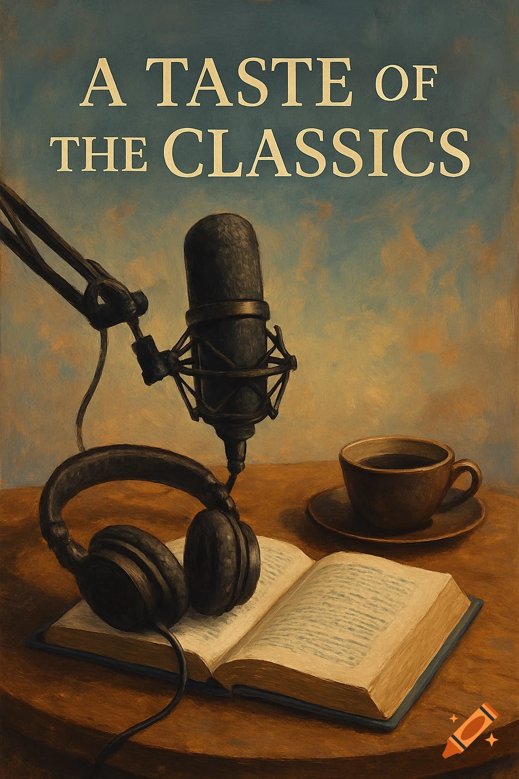 A microphone, headphones, open book, and coffee cup on a table under text 'A TASTE OF THE CLASSICS', in a painted style.