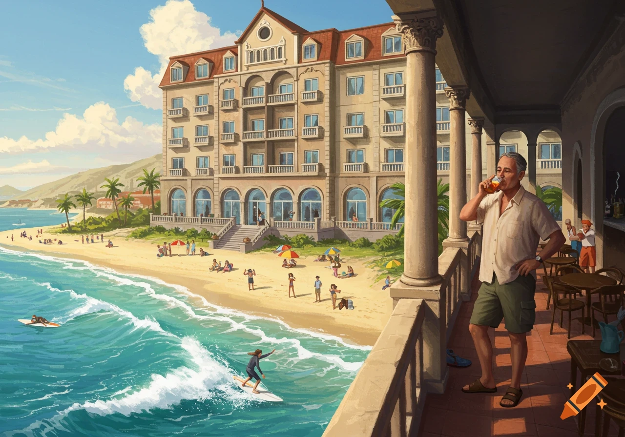 An illustration of a large hotel overlooking a beach with people relaxing and surfing. A man drinks on a balcony.