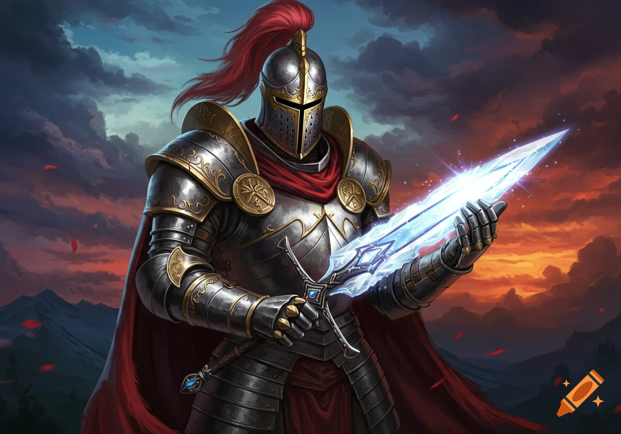 A knight in detailed armor with a red cape and plume holds a glowing blue sword against a dramatic sky.