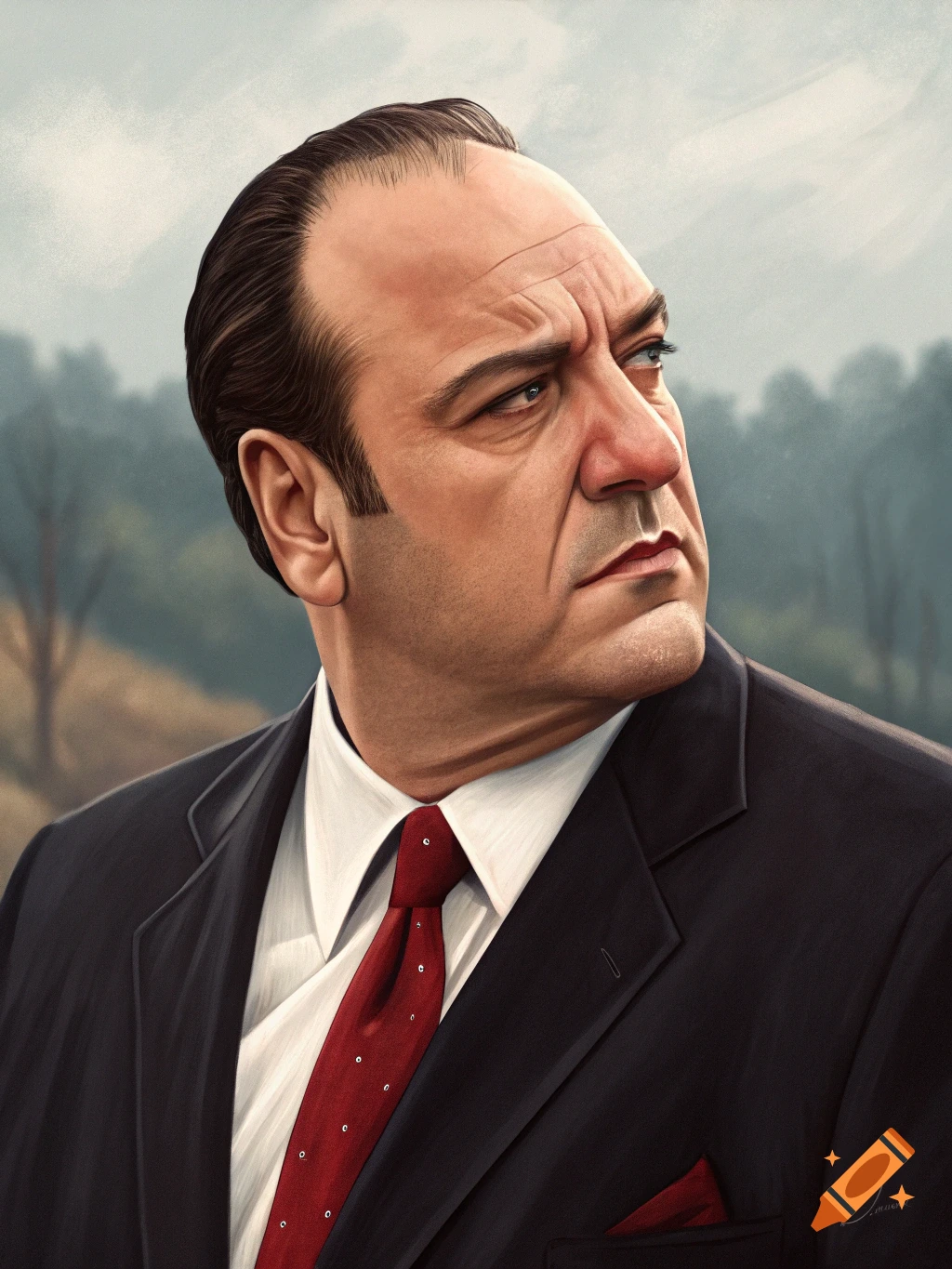 Painting of a man in a black suit and red tie looking right