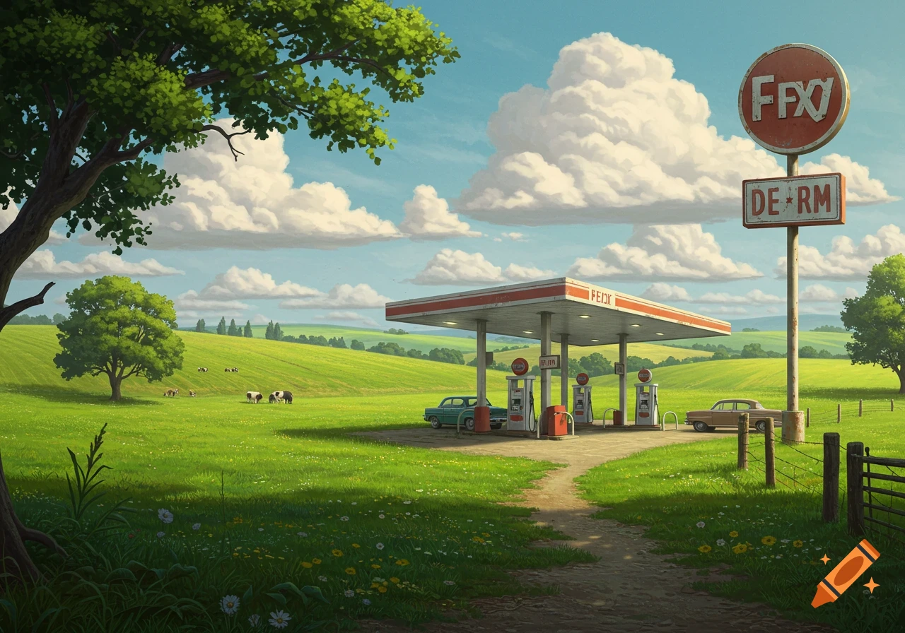 A gas station in a green countryside with cows, cars, and signs under a cloudy sky, in a painterly style.