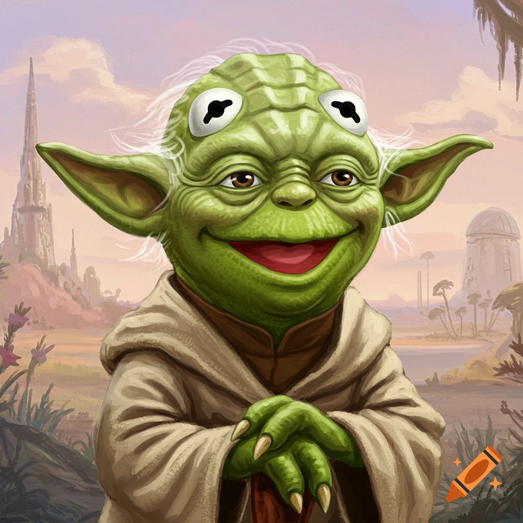 Portrait of a Yoda-Kermit hybrid character smiling in a fantasy landscape.