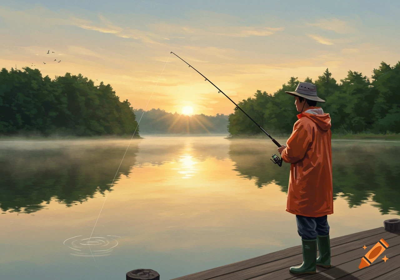 A person in an orange jacket fishes from a wooden dock on a lake at sunrise.