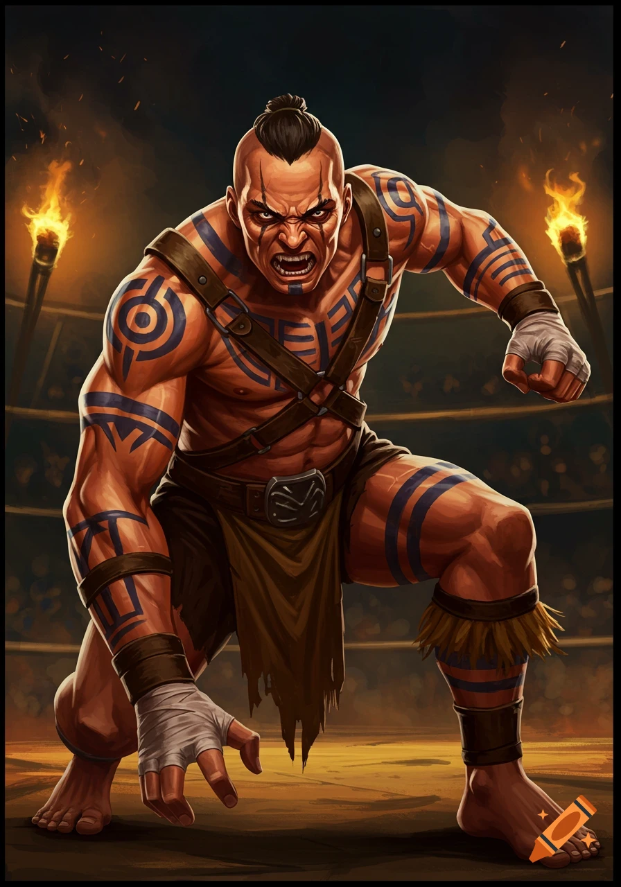 Muscular tribal warrior in an arena