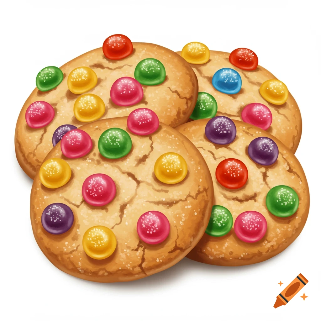 Several round cookies topped with colorful candies on a white background.