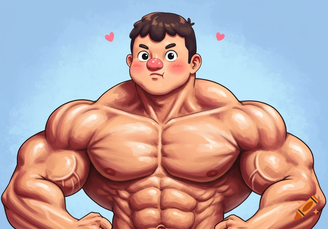 Cartoon drawing of a buff character with blushing cheeks and hearts.