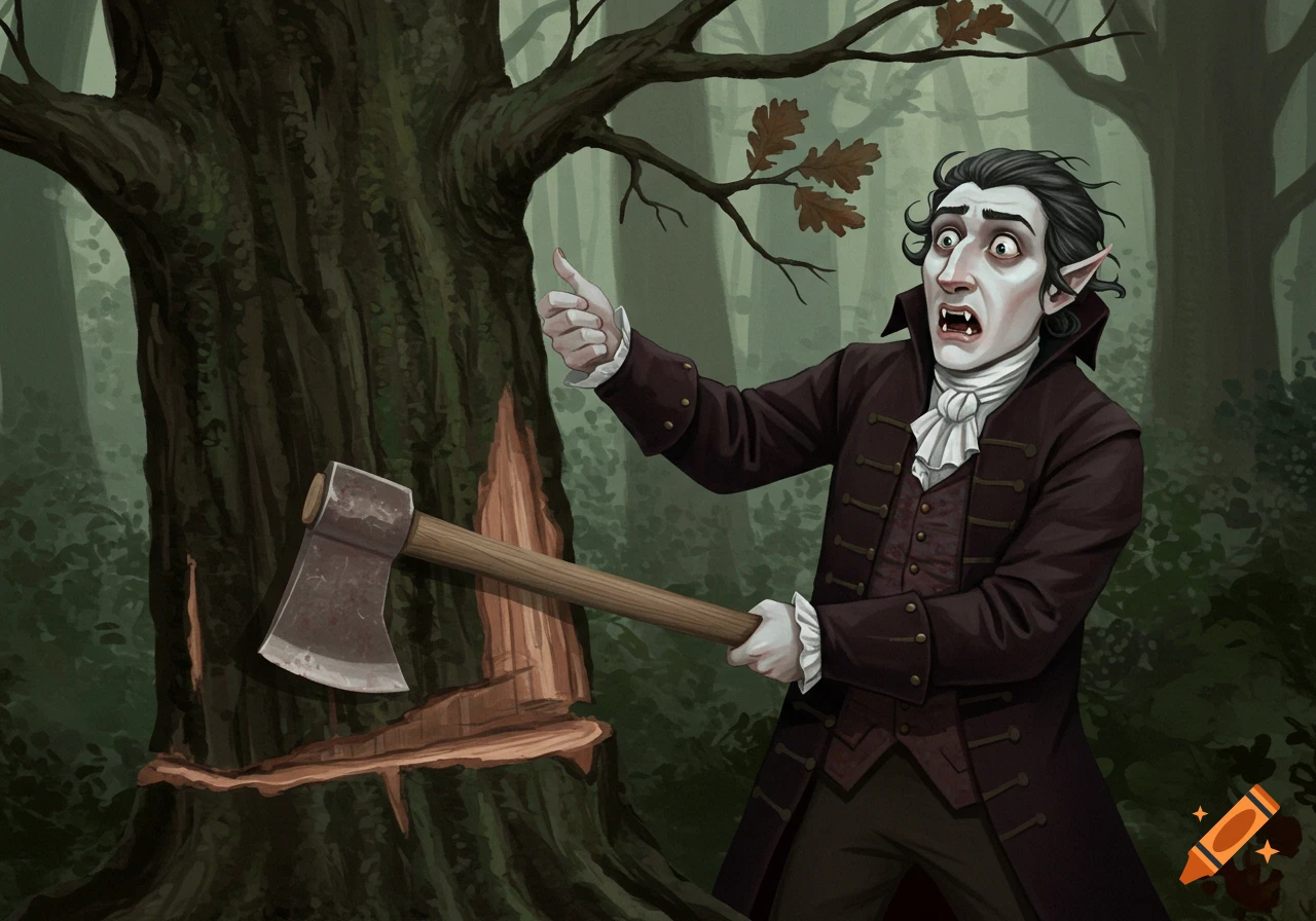 A confused vampire swings an axe at a tree in a forest, illustration style.