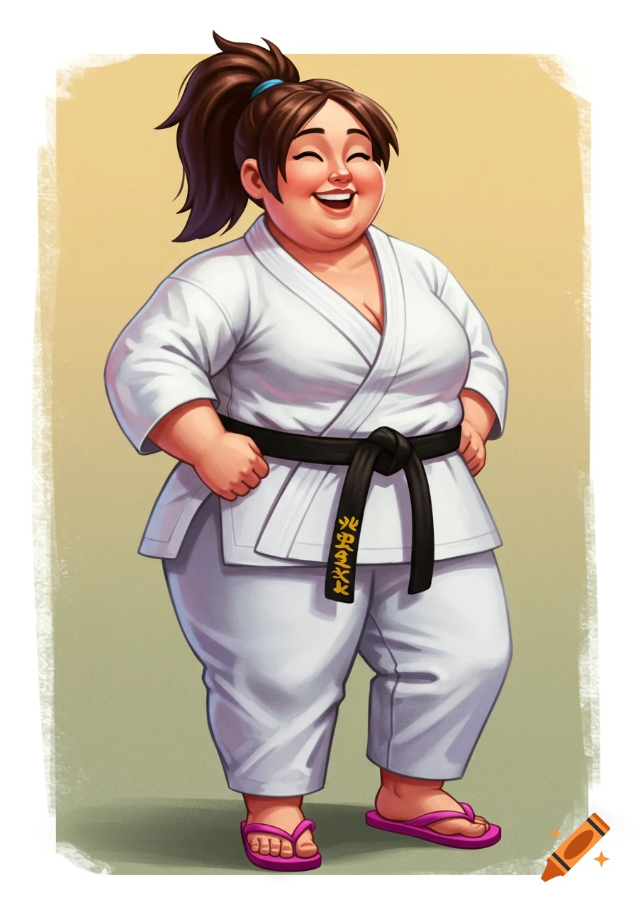 Cartoon illustration of a smiling, chubby woman in a white karate gi with a black belt and pink flip-flops.