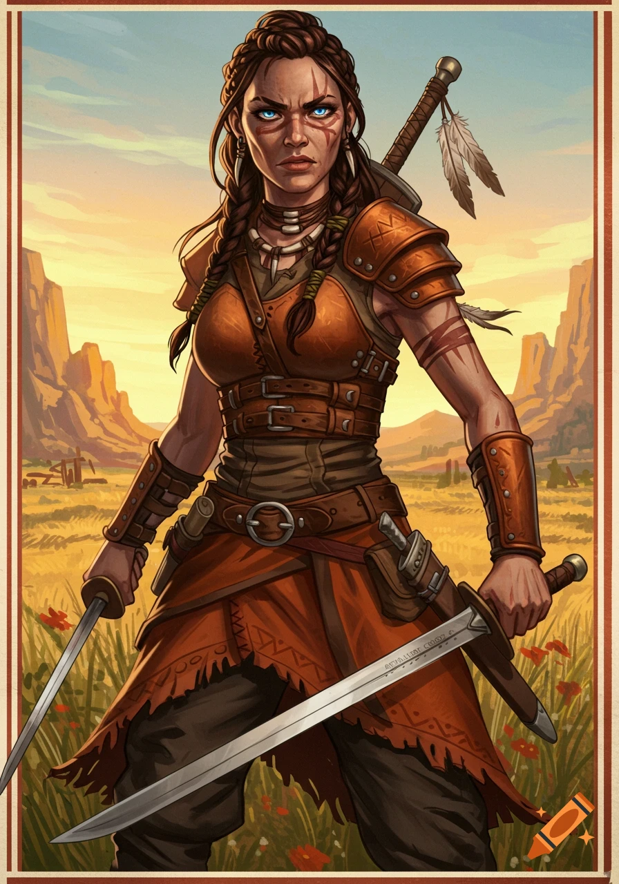 Female warrior with blue eyes and swords stands in a western landscape.