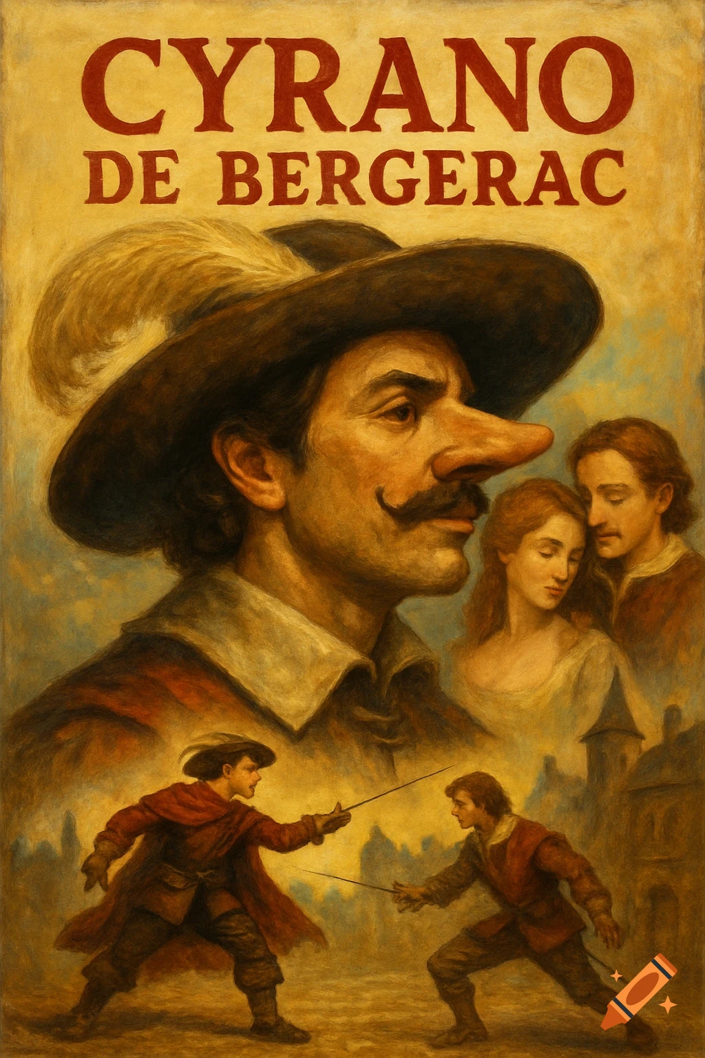 Painted movie poster for Cyrano de Bergerac showing the main character, a couple, and a fencing scene.