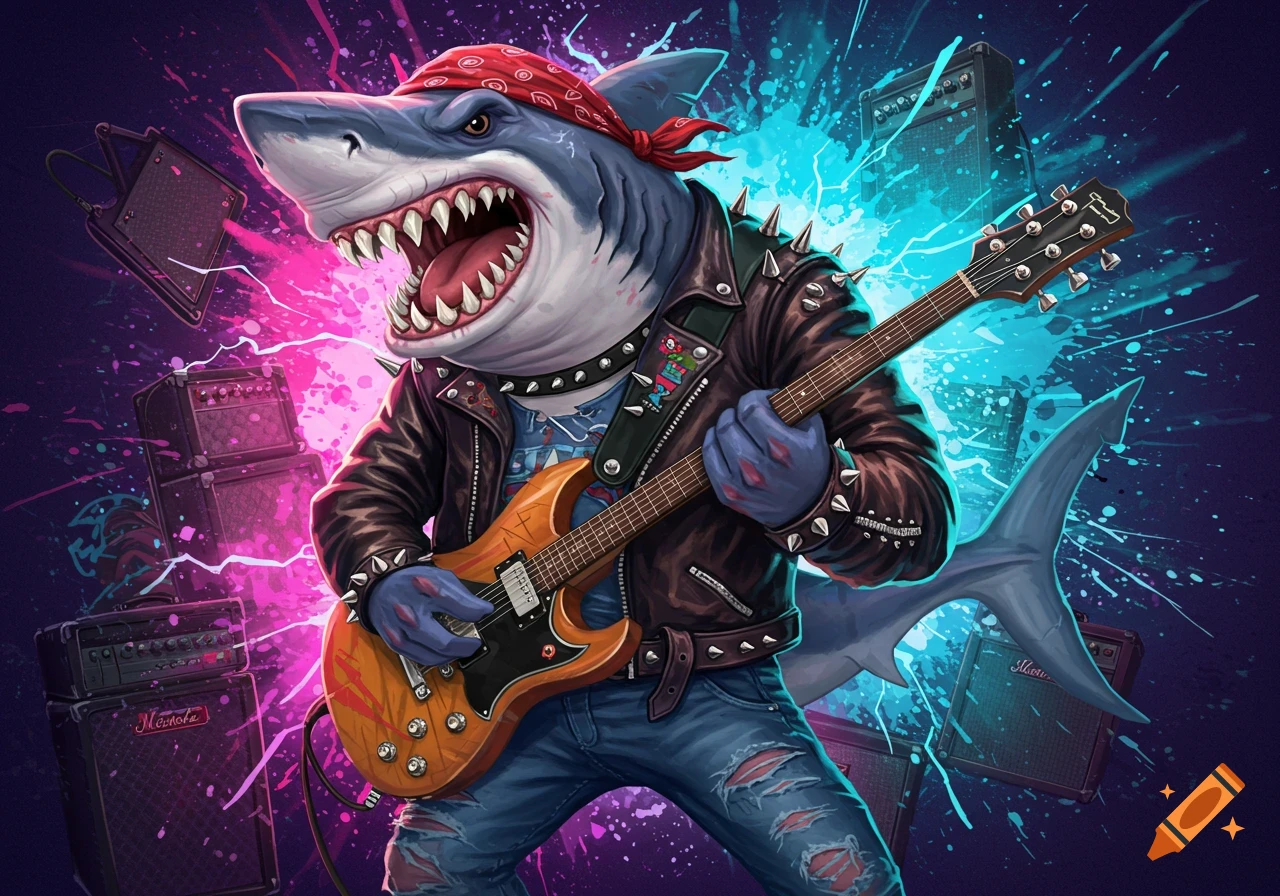 Cartoon shark wearing a bandana, leather jacket, and ripped jeans plays an electric guitar.
