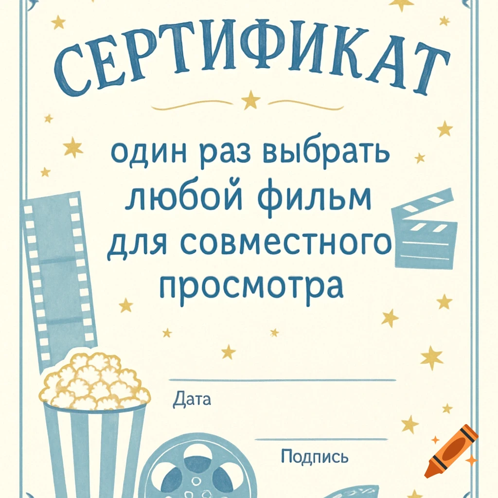 A certificate with Russian text, film strip, popcorn, film reel, and clapperboard icons.