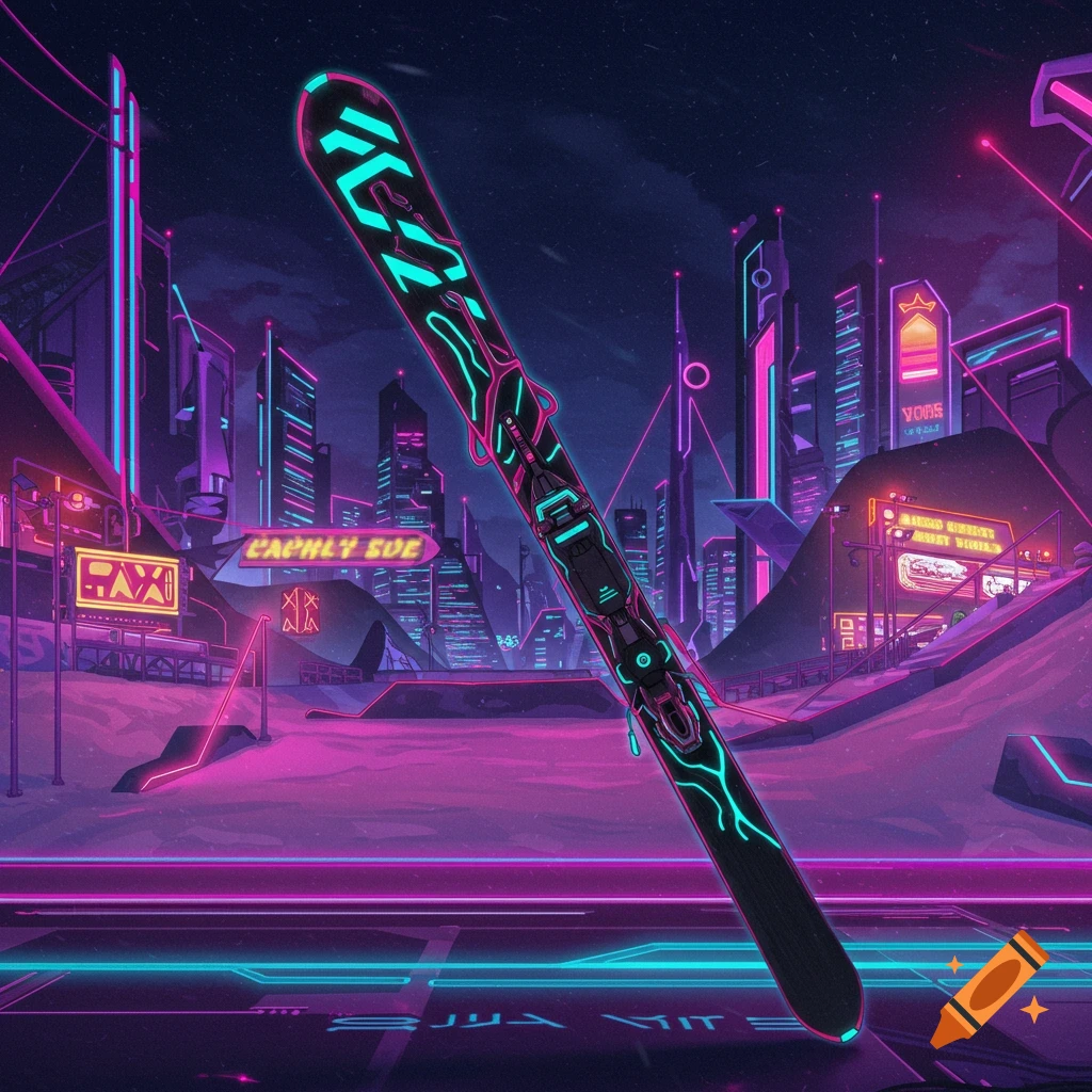 A snowboard with neon glowing accents stands upright in a futuristic cyberpunk city at night.