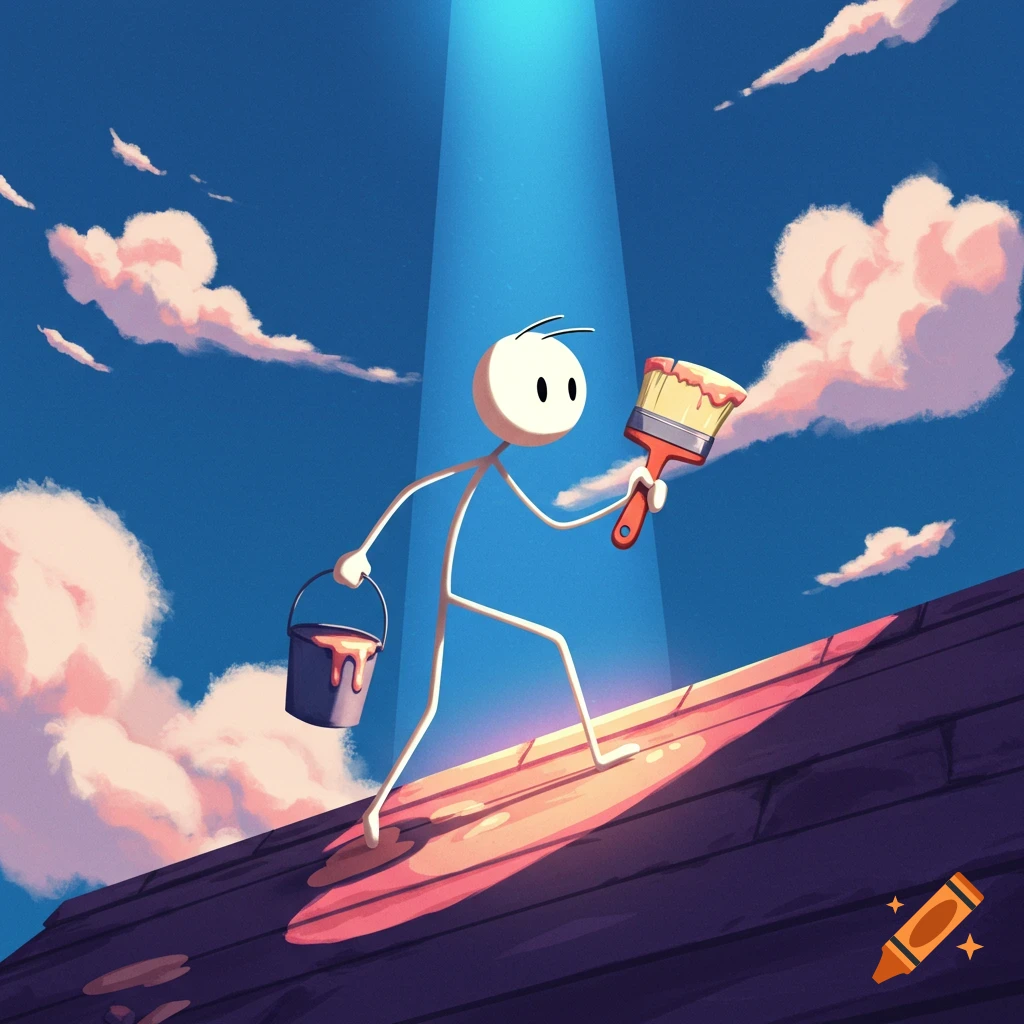 Cartoon stick figure walks on a slanted wooden surface with a paint brush and bucket under a spotlight in a cloudy sky.
