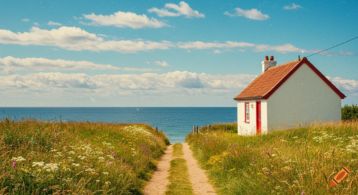 A white cottage with a red roof sits by the sea at the end of a grassy path under a blue sky with clouds, with a film grain effect.