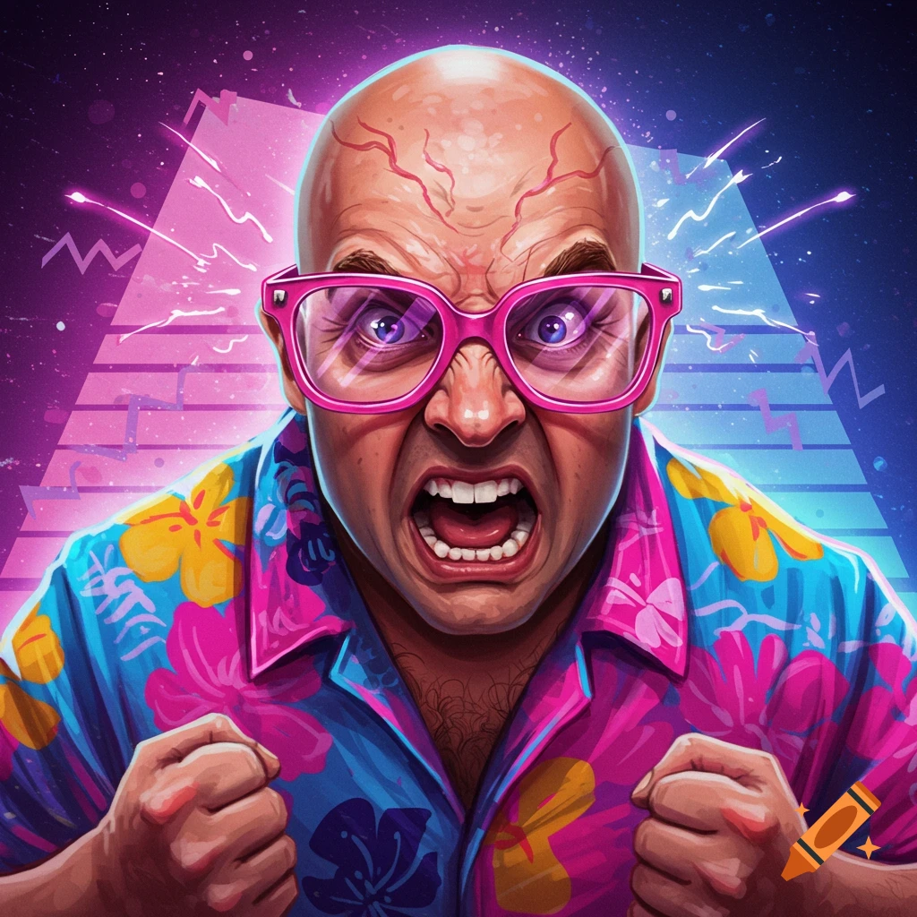 Angry bald man with pink glasses and floral shirt in 80s style illustration