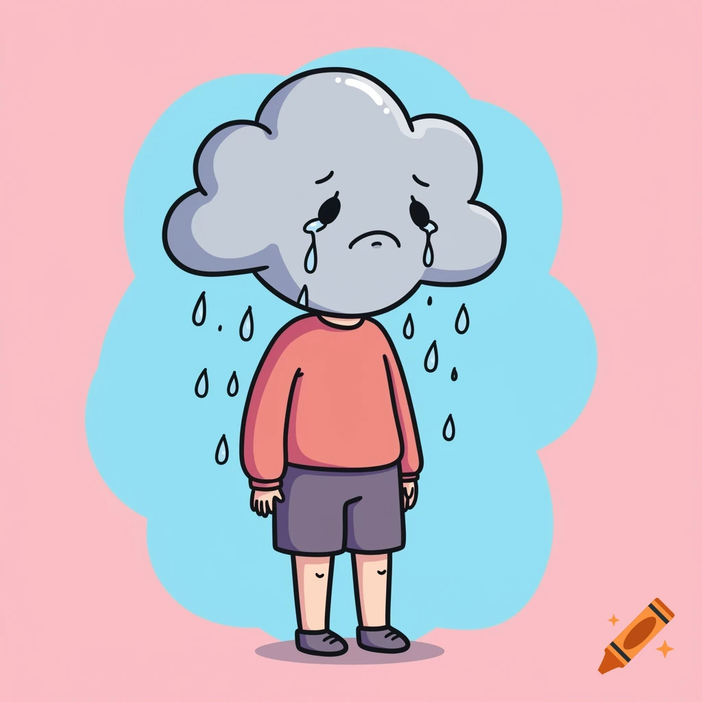 A cartoon person with a sad rain cloud for a head cries tears and raindrops.