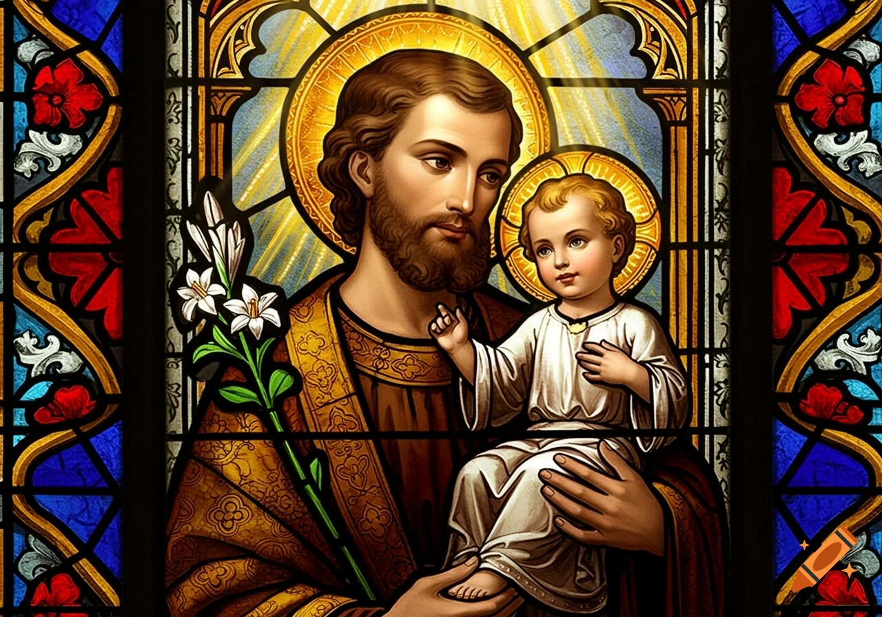 Stained glass art of Saint Joseph holding the child Jesus.
