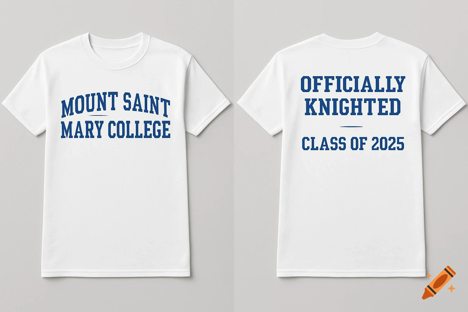 Front and back views of a white t-shirt with blue text for Mount Saint Mary College.