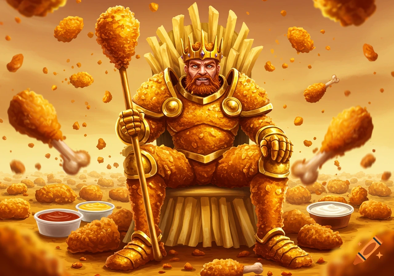 A fantasy king made of fried chicken and french fries sits on a throne of fries.