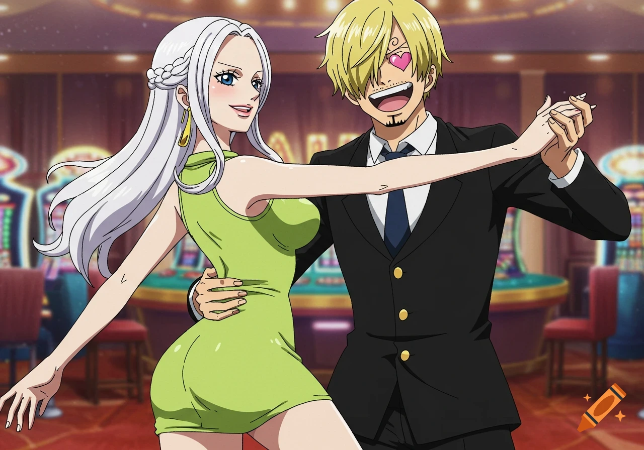 Two anime characters, a woman with white hair and Sanji, dancing in a casino.
