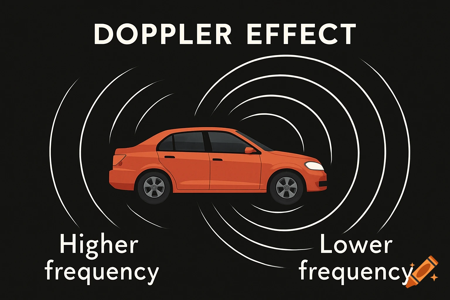 Illustration showing the Doppler effect with a car, sound waves, and text.