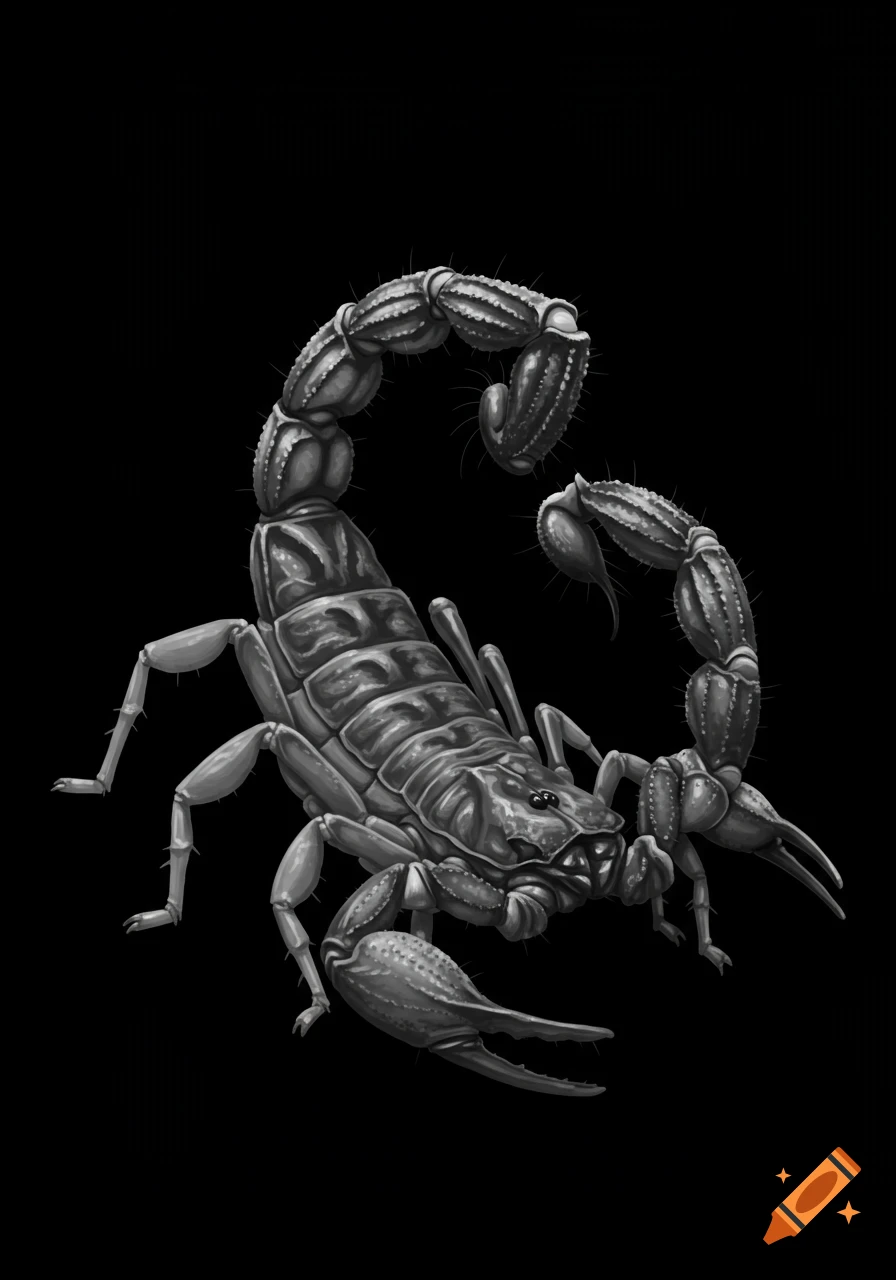 Grayscale illustration of a scorpion on a black background.