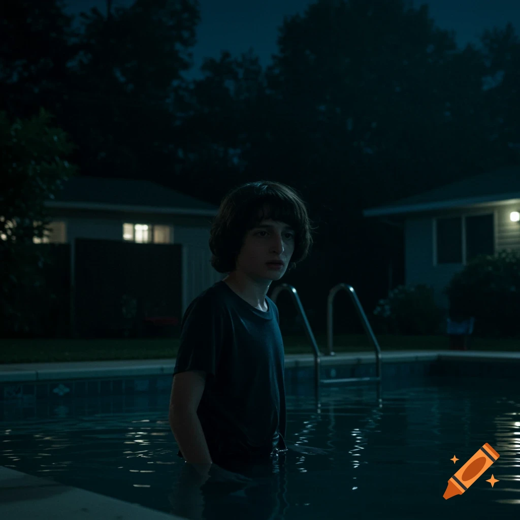 Young boy standing in a pool at night, photorealistic.