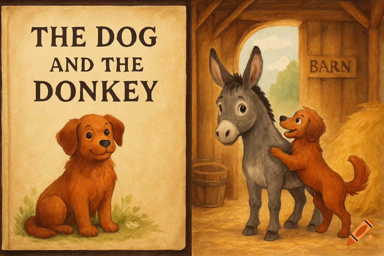 Children's book illustration showing the cover 'THE DOG AND THE DONKEY' with a dog, and a scene inside a barn with a dog and donkey.